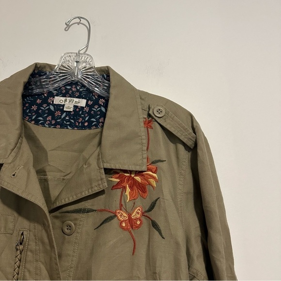 Orvis linen and cotton button down Jacket Amy green Embroidered floral Pockets - Picture 6 of 8